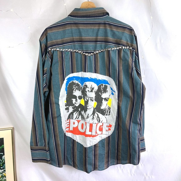 Ely Cattleman Other - Unisex UPCYCLED Police Band Tee Western Pearl Snap XL Grunge Hippie Rockabilly